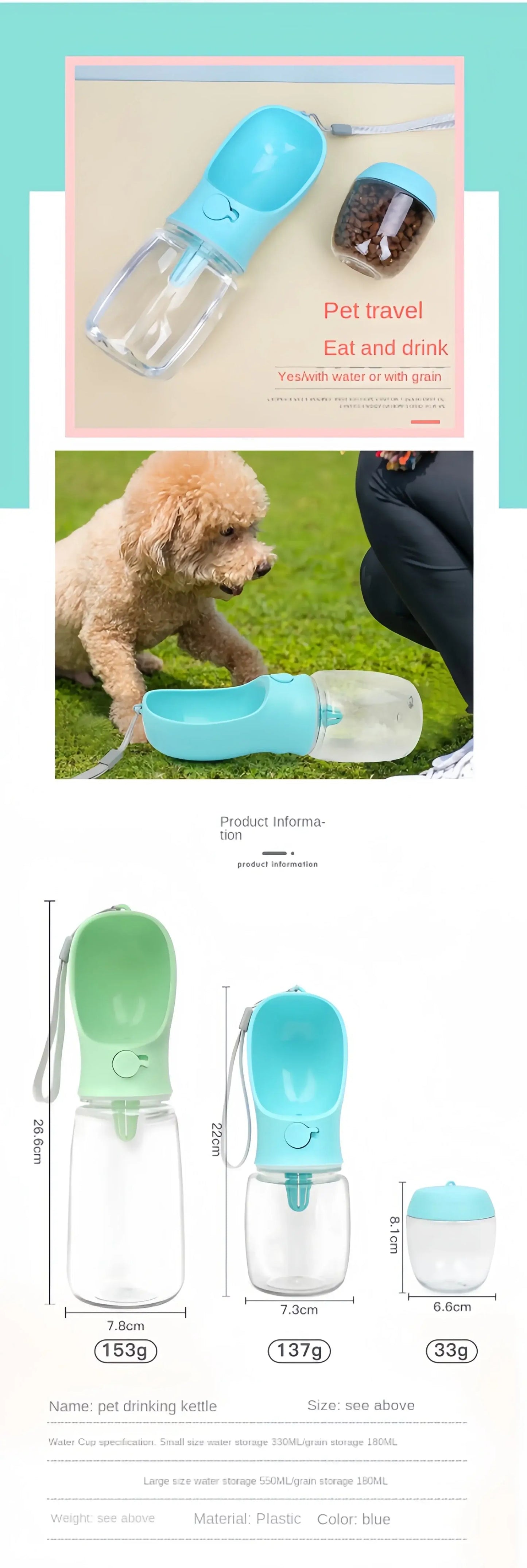 Portable Dog & Cat Water Bottle with Food Storage, Outdoor Travel Feeder Bowl